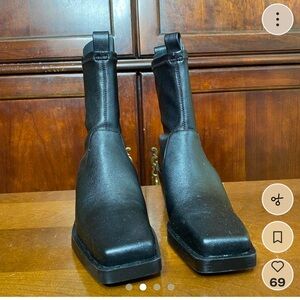 Zara Limited Edition Leather Square Toe Black Slip On Cowboy Boots, Size 7.5